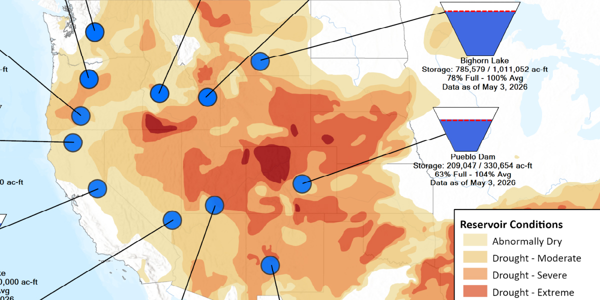 A screenshot of map displaying drought water levels