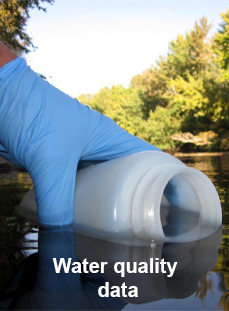 picture of water being collected with text that says water quality data