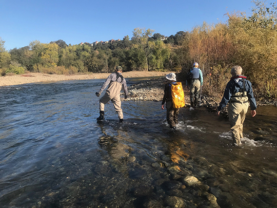 Four field employees cross a stream channel with research gear