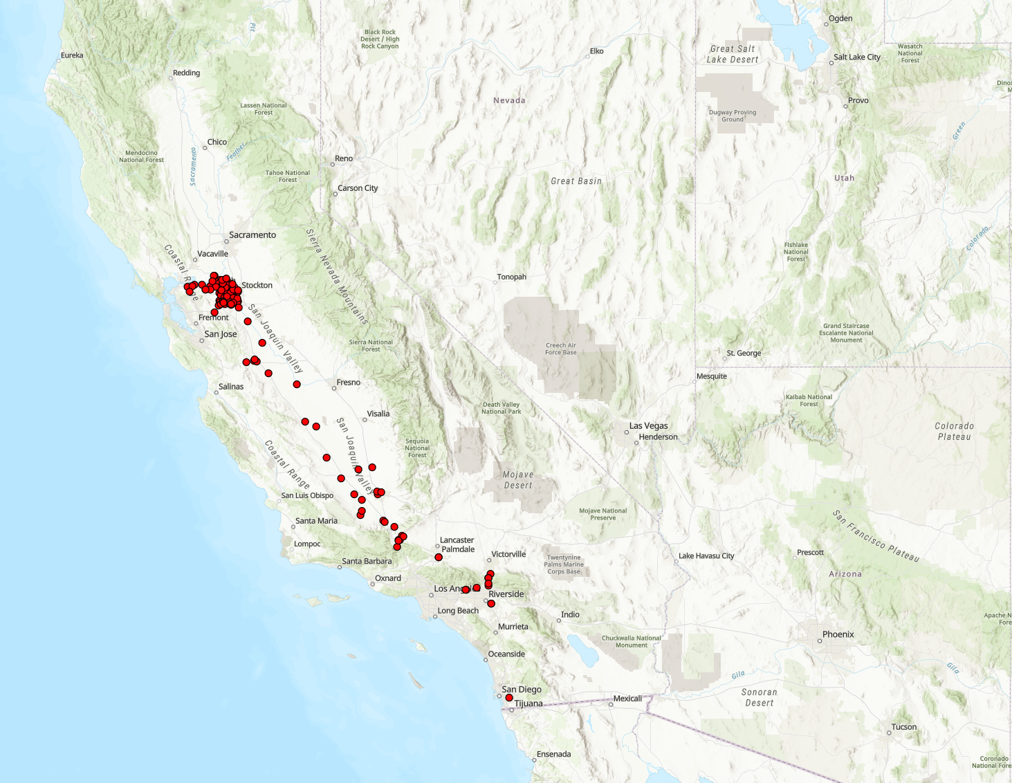 Map of Golden Mussel Presence in California