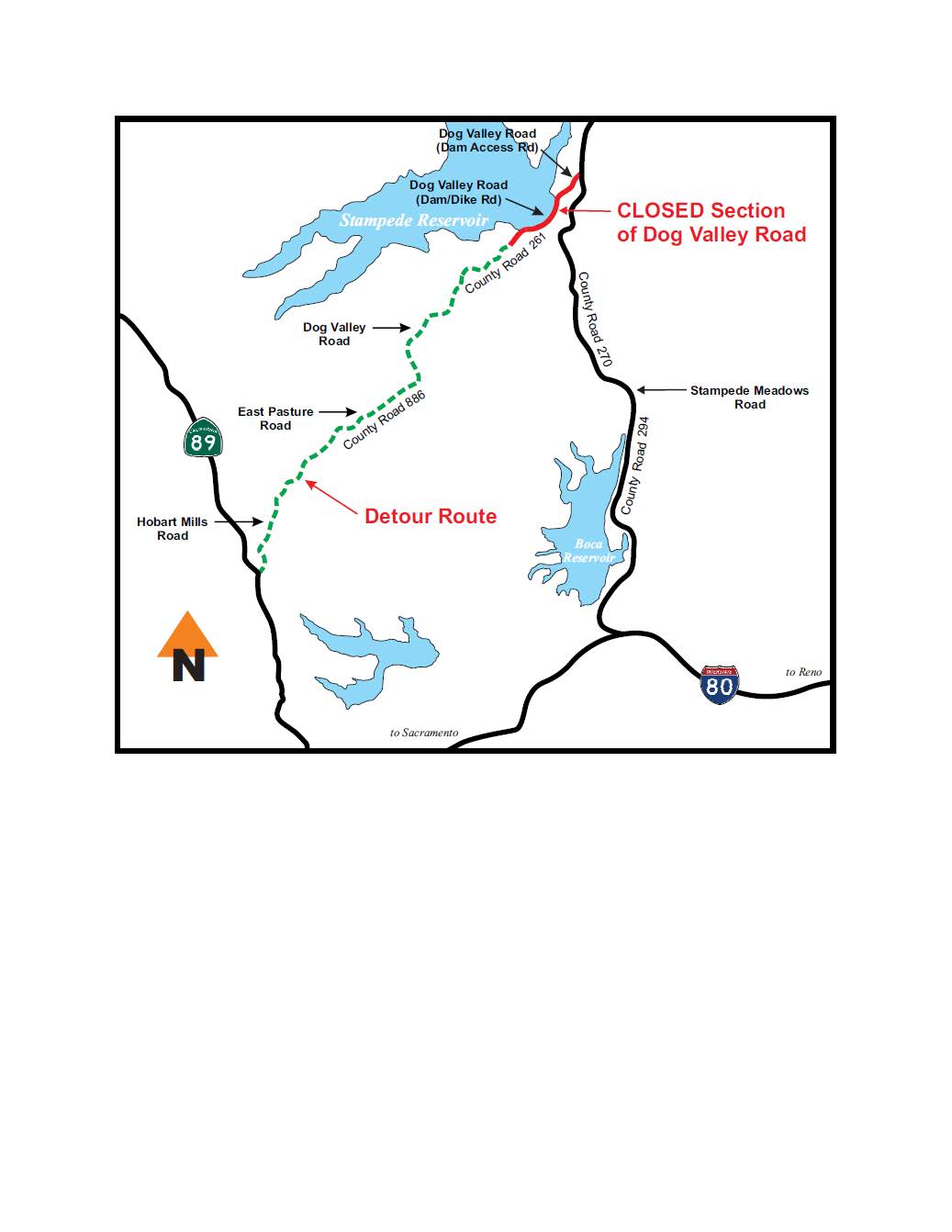 Noninteractive detour map to Stampede Reservoir during construction