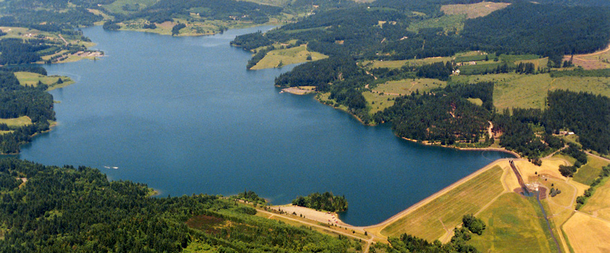 Aerial view of Henry Haag Lake and Scoggins Dam looking northwest