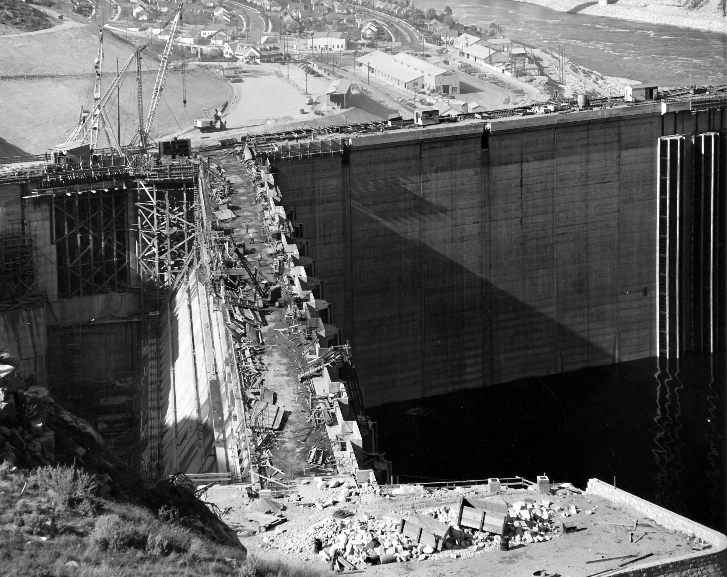 Circa 1943. Pumping plant construction at Grand Coulee Dam.