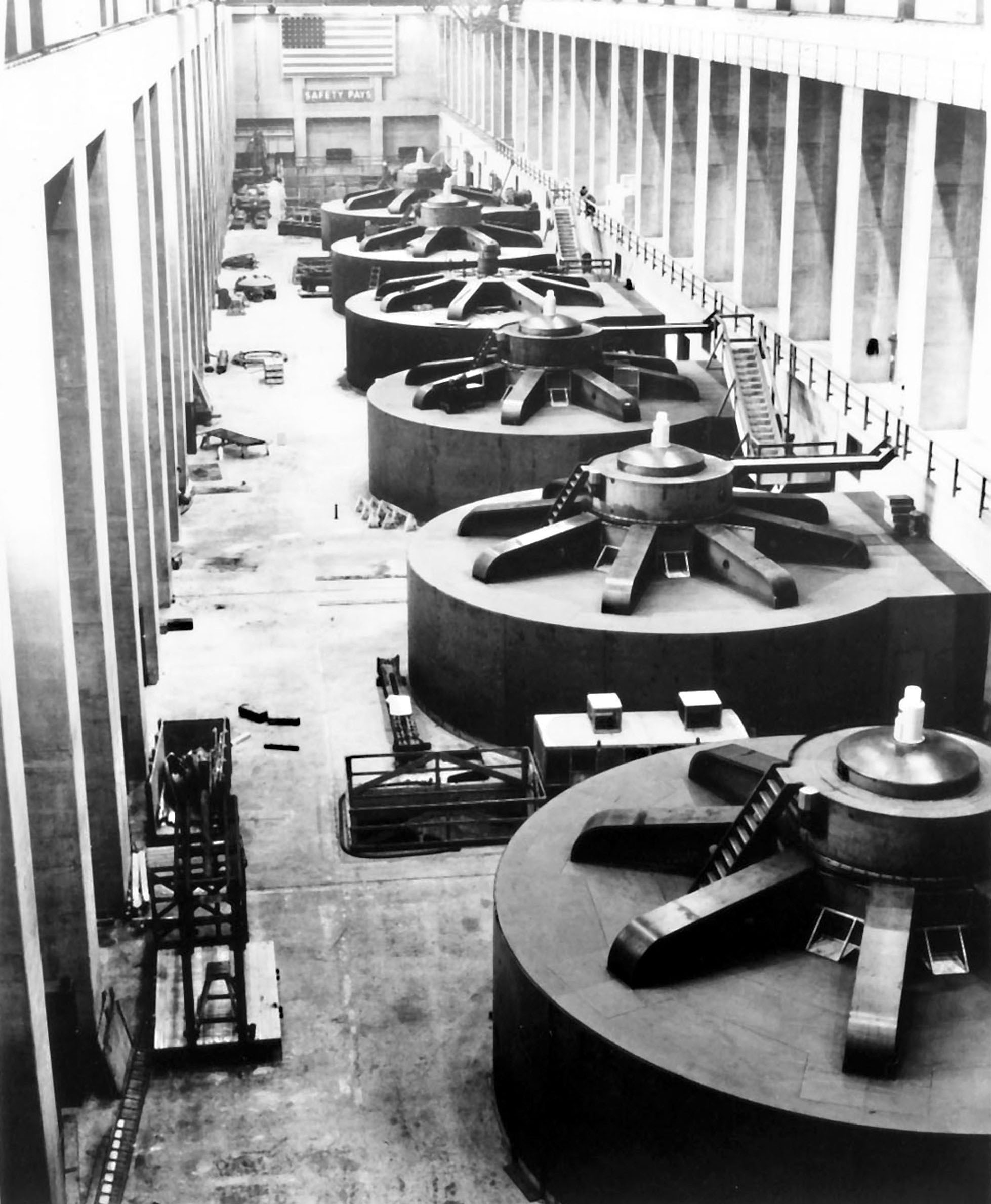 December 29, 1943. Interior of the west powerhouse at Grand Coulee Dam.