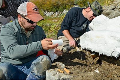 Idaho State University students Travis Helm and Jeff Castro apply plaster to a mammoth skull speciment discovered near American Falls Reservoir early last week. To protect the fossil it was encased in plaster and transferred from the site to the Idaho Museum of Natural History in Pocatello, Idaho on Octo. 18.