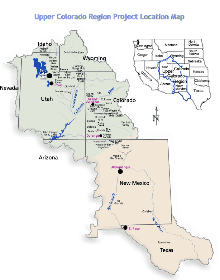 A map showing the Upper Colorado Regions project locations overlayed on top of the western United States