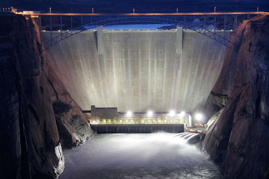 Glen Canyon Dam at Night During High Flow Release