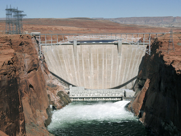Glen Canyon Dam and all four jet tubes open releasing water for high-flow experiment - March 5, 2008