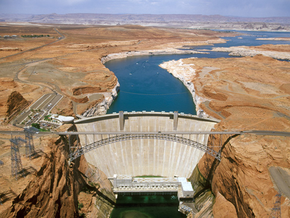 Aerial view of Glen Canyon Dam and Lake Powell