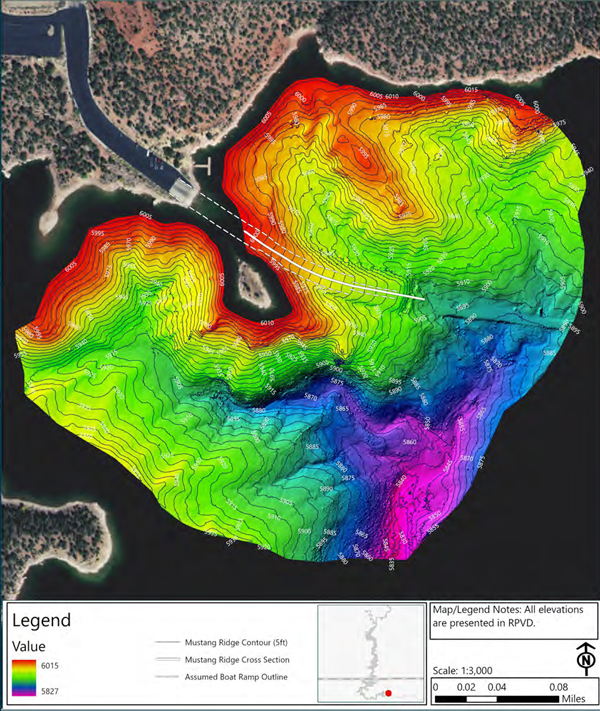 An example of the data recorded in the bathymetric survey of the reservoir bottom around the Mustang Ridge boat ramp at Flaming Gorge Reservoir by Reclamation scientists and engineers in June 2022.