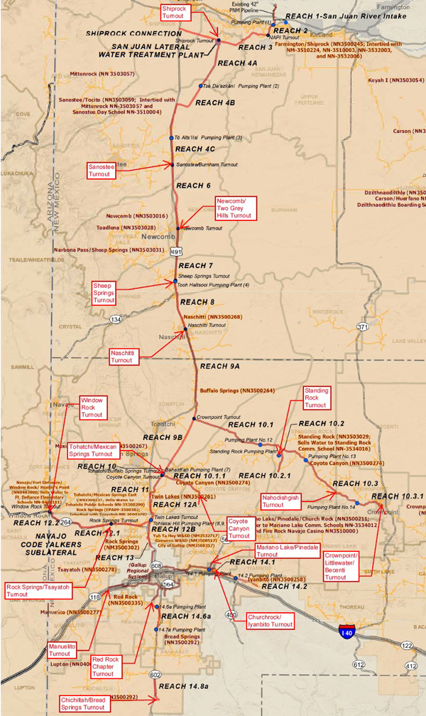 San Juan Lateral shown with the various turnout locations labeled.  A turnout is the designated location in the main pipeline where each community's water distribution system will be connected to the NGWSP.