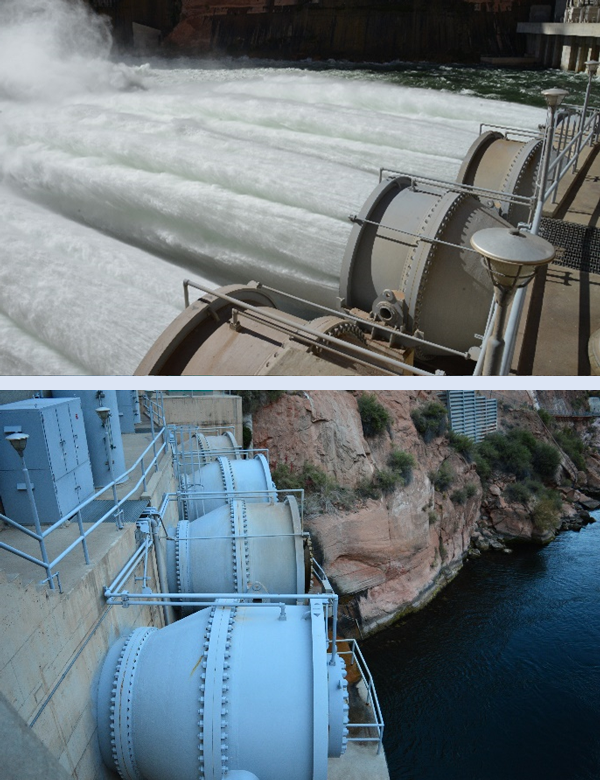 The dam has four river outlet works (ROW), also referred to as bypass tubes, that can draw water from Lake Powell as low as elevation 3,370 feet, bypassing the powerplant and sending the water downstream.