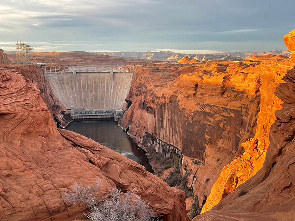 Glen Canyon Dam viewed from downstream at sunset.