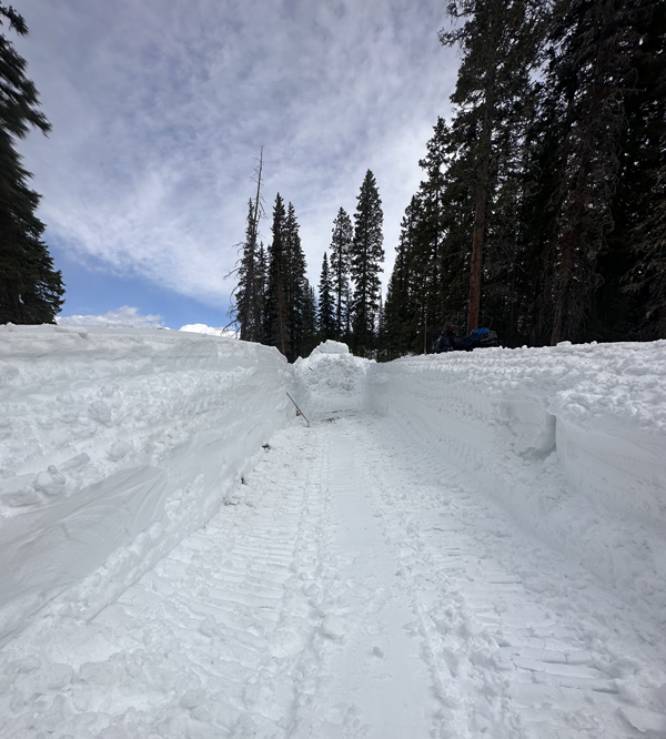 A snow covered spillway is cleared out making a path with snow piled on either side.  The snow is about 8 feet deep and pine trees and clouds are in the background